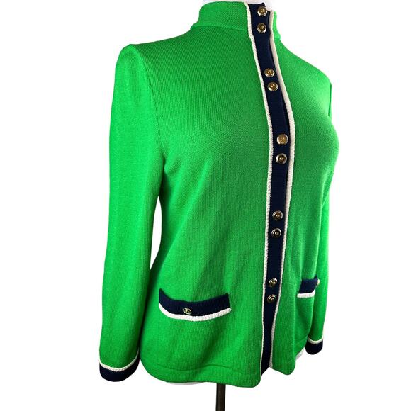 *Flawed St. John Collection Santana Knit Green Cardigan Sweater Gold Blk Size 10 - Picture 3 of 15
